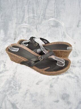 Teva Ventura Cork Wedge Brown Black Leather Heel Thong Sandals Women Size 9.5
